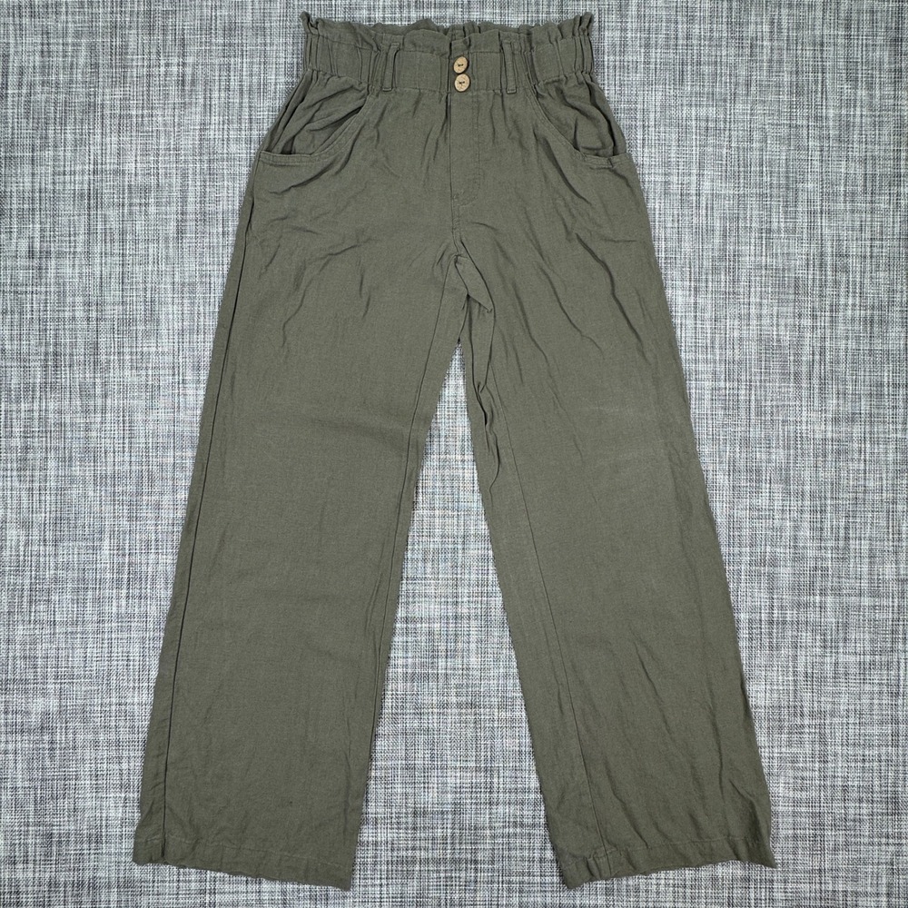Rewind Women's Paperbag Waist Wide Leg Pants Olive Green Linen Blend XS Resort